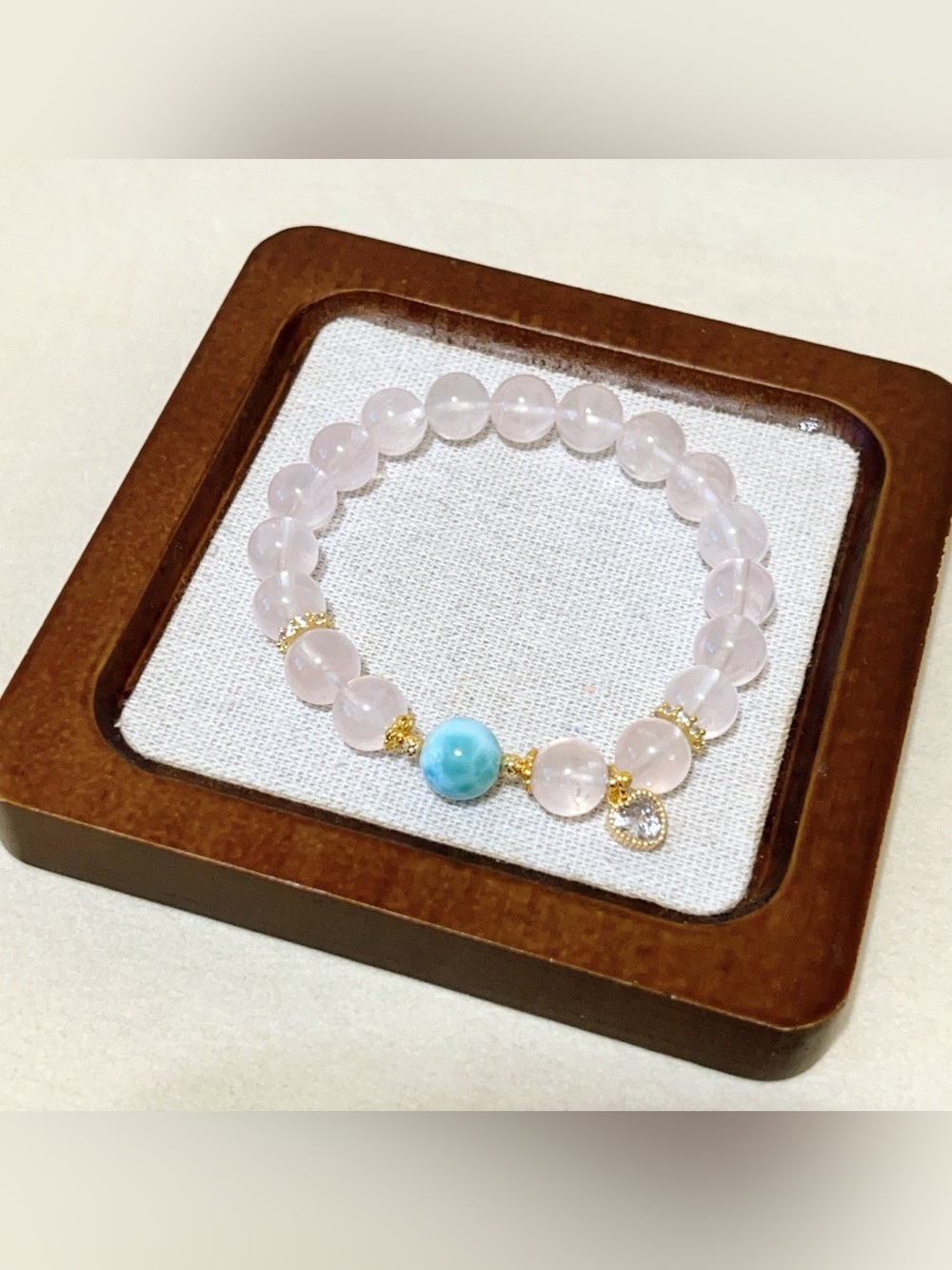 Handmade Natural Larimar & Star Rose Quartz Bracelet | 9.5mm - Picture 4 of 11